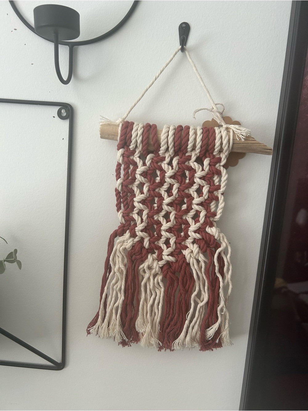 Small Handmade Rust and Cream Macramé Wall Hanging 10” long 5”wide wood 7”